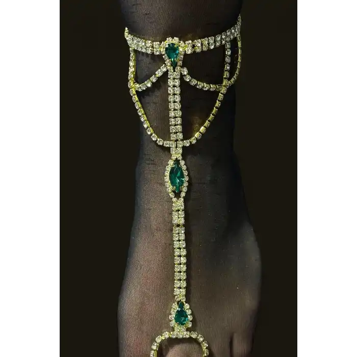 Altın Renk Yeşil Taş Detaylı Tasarım Halhal Ayak Şahmeranı