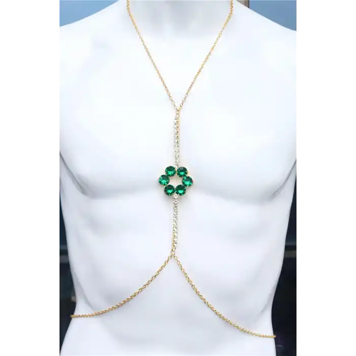 Altın Renk Yeşil Taş Detaylı Tasarım Vücut Aksesuar