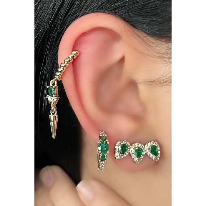 Altın Renk Yeşil Taş Detaylı VİP 3lü YSX Küpe Set