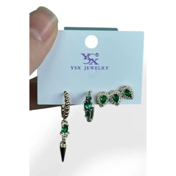 Altın Renk Yeşil Taş Detaylı VİP 3lü YSX Küpe Set