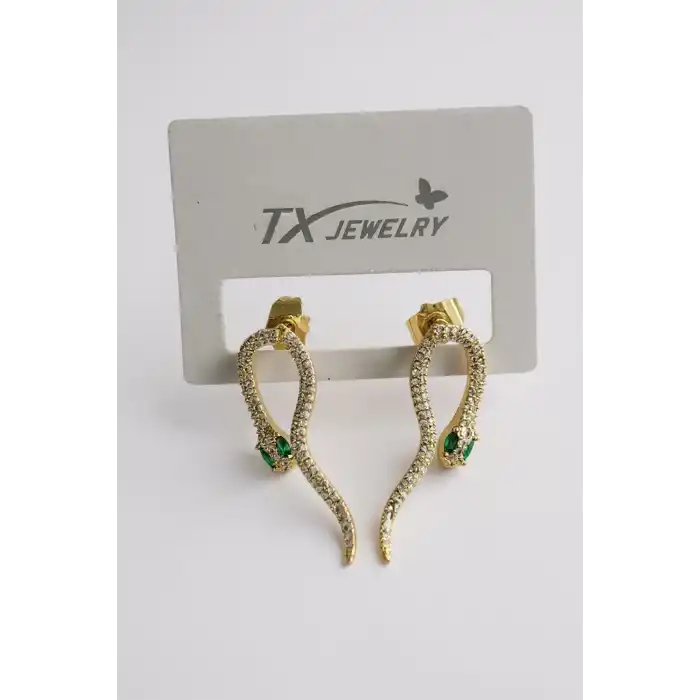 Altın Renk Yılan Figürlü Taş Detaylı 14K Altın Kaplama TX Küpe (Çift)