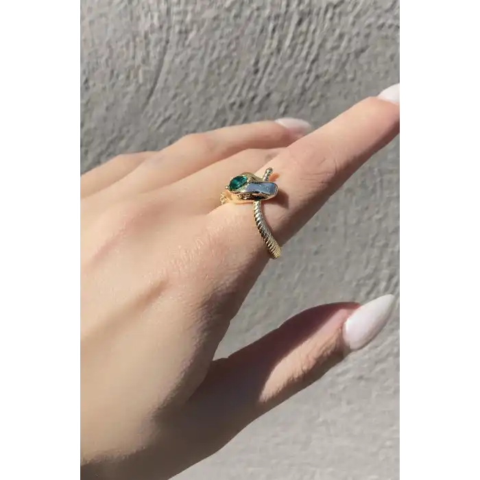 Altın Renk Yılan Figürlü Taş Detaylı Ayarlanabilir Yüzük