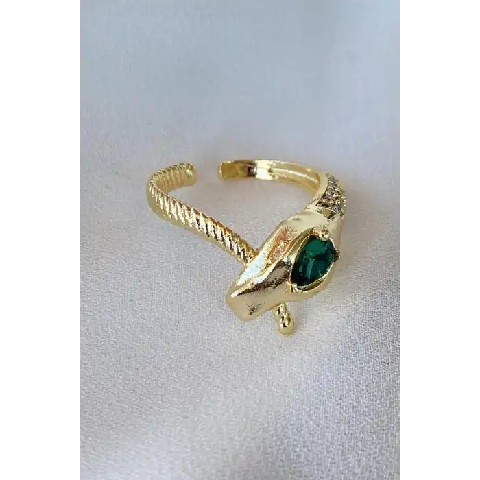 Altın Renk Yılan Figürlü Taş Detaylı Ayarlanabilir Yüzük