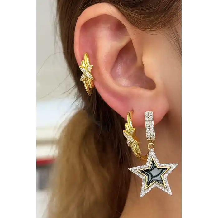 Altın Renk Yıldız Detaylı Taş Detaylı VİP 3lü YSX Küpe Set