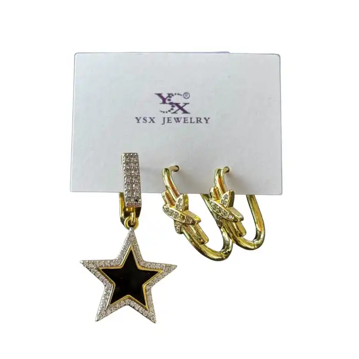 Altın Renk Yıldız Detaylı Taş Detaylı VİP 3lü YSX Küpe Set