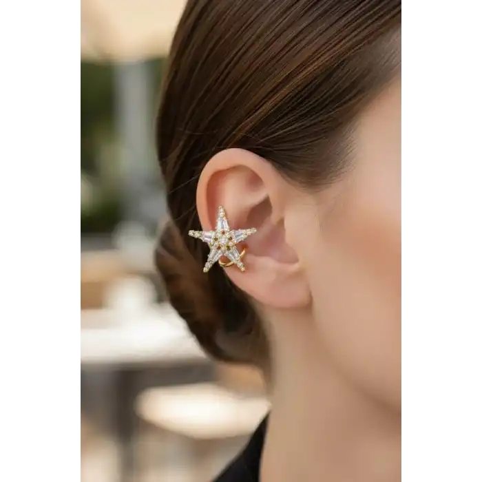 Altın Renk Yıldız Figürlü 14K Altın Kaplama TX Ear Cuff (Tek)