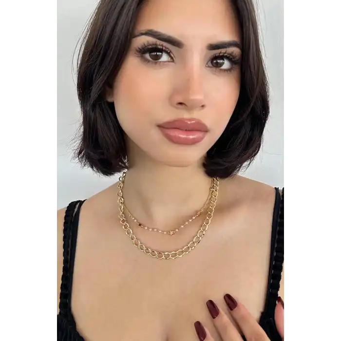 Altın Renk Yıldız Figürlü İnci Detaylı  İkili Kolye