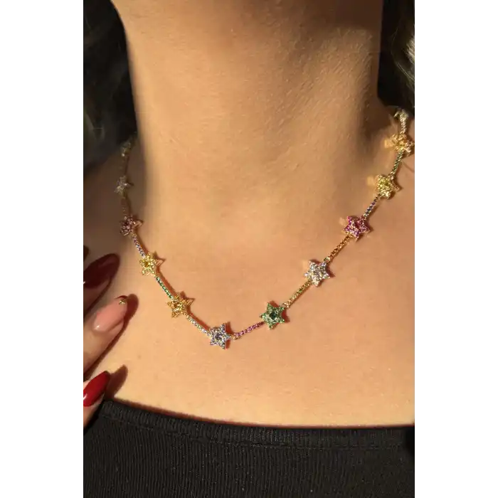 Altın Renk  Yıldız Figürlü Renkli Taş Detaylı Altın Kaplama VİP Kolye