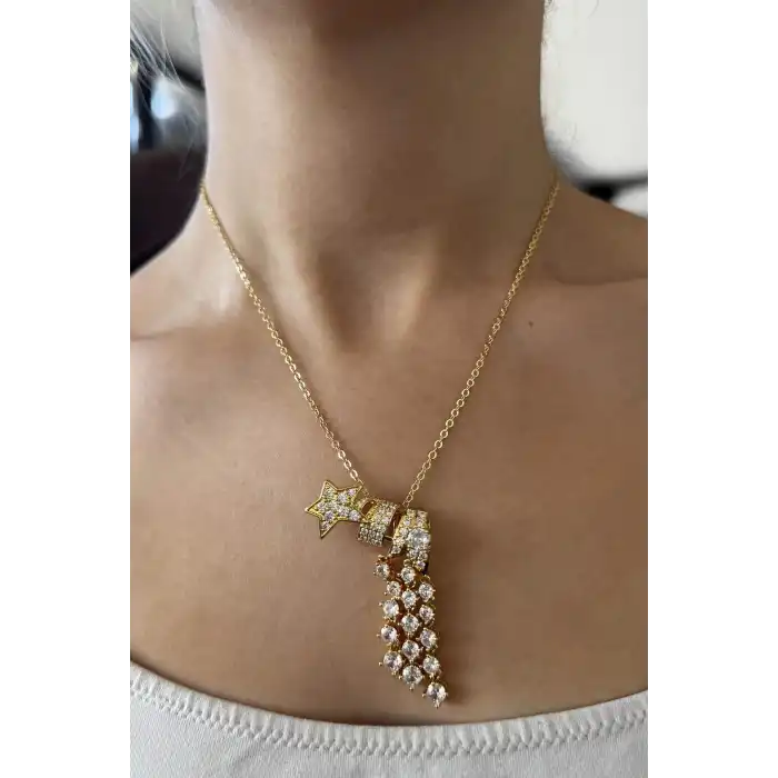 Altın Renk Yıldız Figürlü Taş Detaylı 14K Altın Kaplama TX Kolye