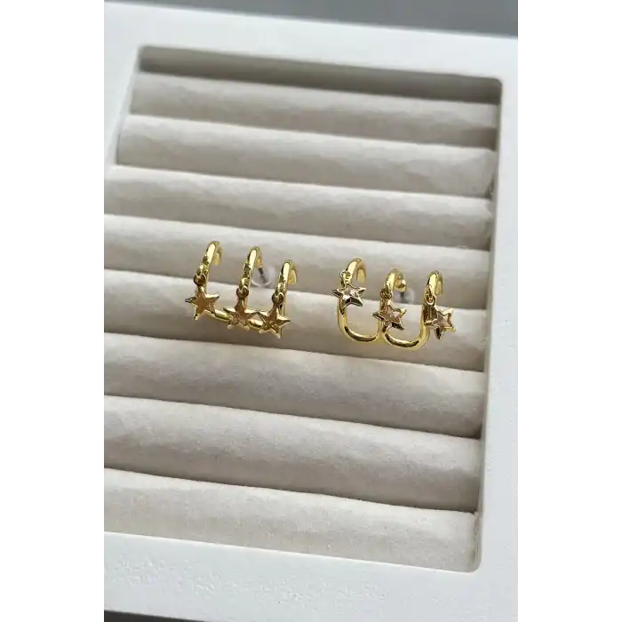 Altın Renk Yıldız Figürlü Taş Detaylı 3lü Görünümlü Küpe (Çift)