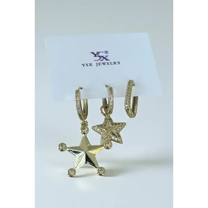 Altın Renk Yıldız Figürlü Taş Detaylı 6lı YSX Küpe Set