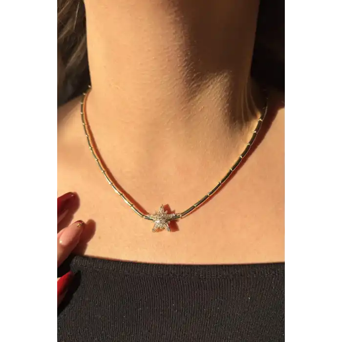 Altın Renk Yıldız Figürlü Taş Detaylı Altın Kaplama VİP Kolye