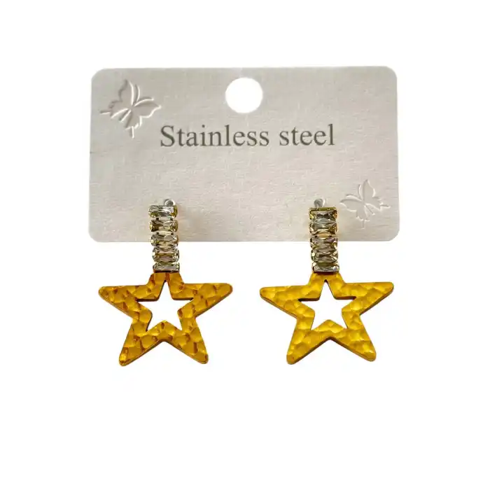 Altın Renk Yıldız Figürlü Taş Detaylı Çelik Küpe (Çift)