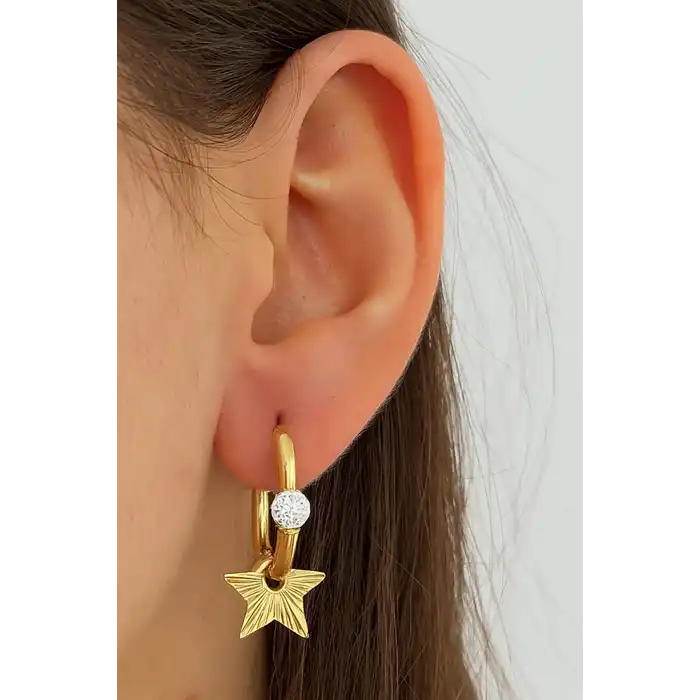 Altın Renk Yıldız Figürlü Taş Detaylı Çelik Küpe (Çift)