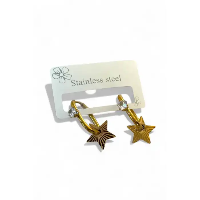 Altın Renk Yıldız Figürlü Taş Detaylı Çelik Küpe (Çift)