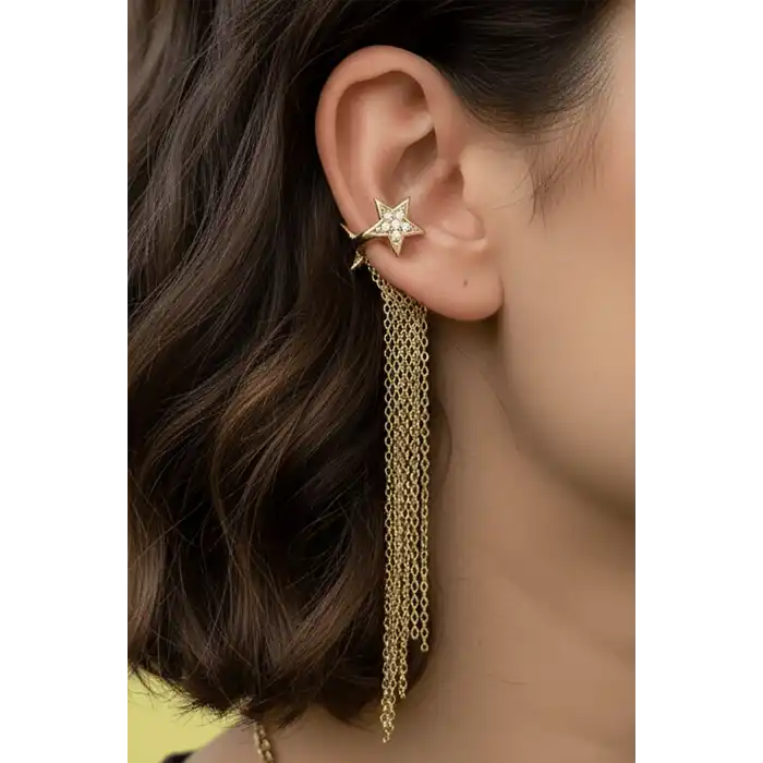 Altın Renk Yıldız Figürlü Taş Detaylı Çelik Sallantılı Ear Cuff (Tek)