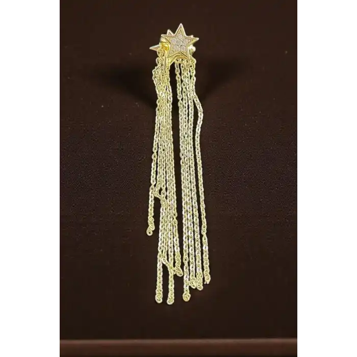Altın Renk Yıldız Figürlü Taş Detaylı Çelik Sallantılı Ear Cuff (Tek)
