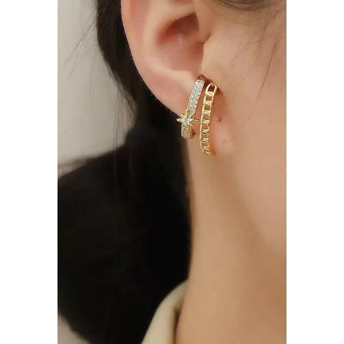 Altın Renk Yıldız Figürlü Taş Detaylı Ear Cuff (Tek)