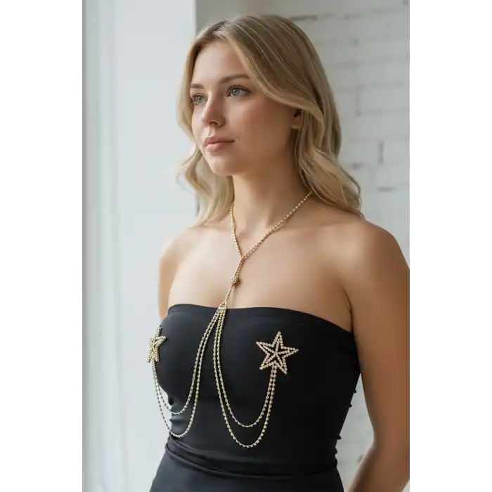 Altın Renk Yıldız Figürlü Taş Detaylı Tasarım Vücut Aksesuar