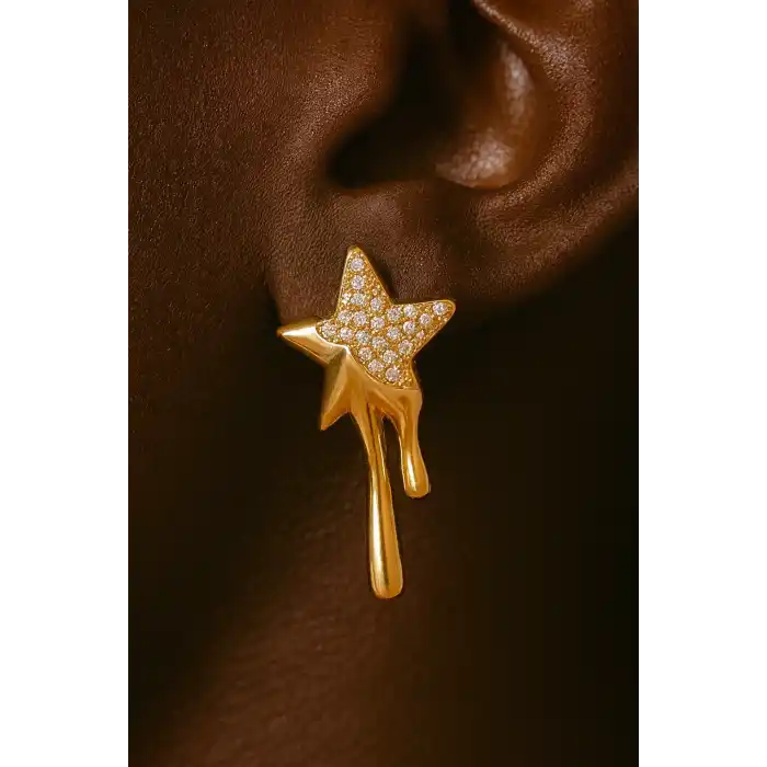 Altın Renk Yıldız Figürlü Taş Detaylı YSX Küpe (Çift)