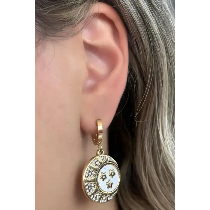 Altın Renk Yıldız Taş Detaylı Çelik Küpe (Çift)