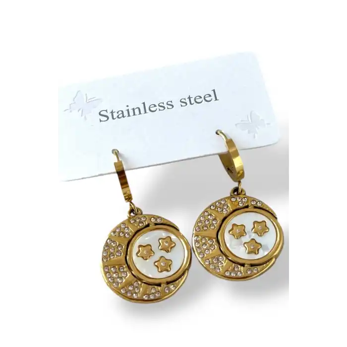 Altın Renk Yıldız Taş Detaylı Çelik Küpe (Çift)