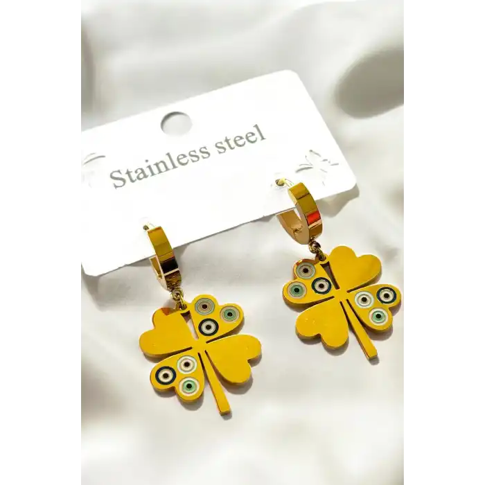 Altın Renk Yonca Figürlü Çelik Küpe (Çift)