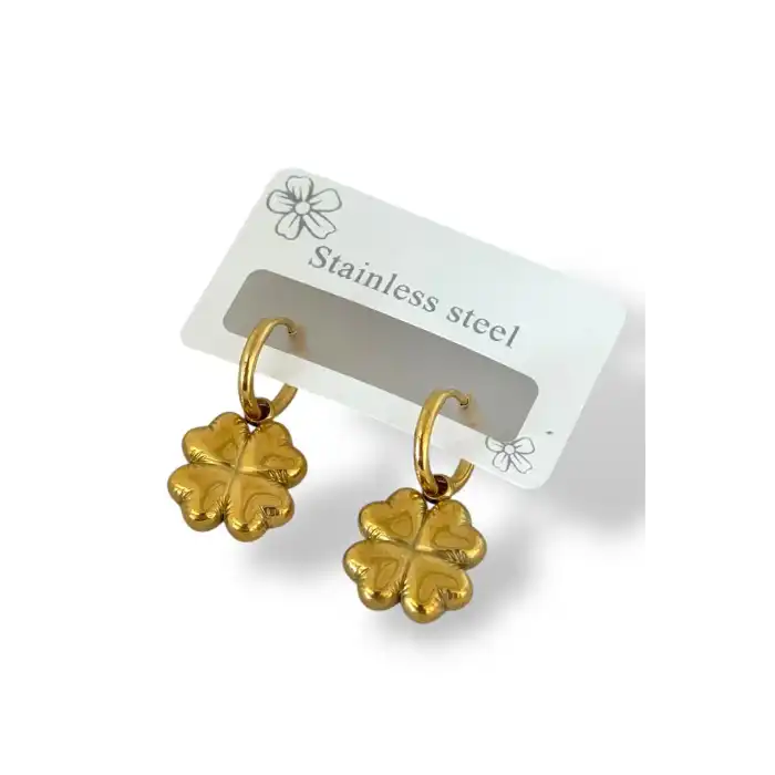 Altın Renk Yonca Figürlü Çelik Küpe (Çift)