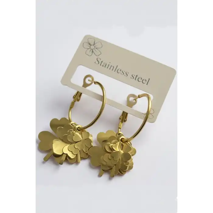 Altın Renk Yonca Figürlü Çelik Küpe (Çift)