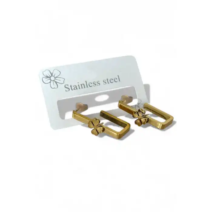 Altın Renk Yonca Figürlü Çelik Küpe (Çift)