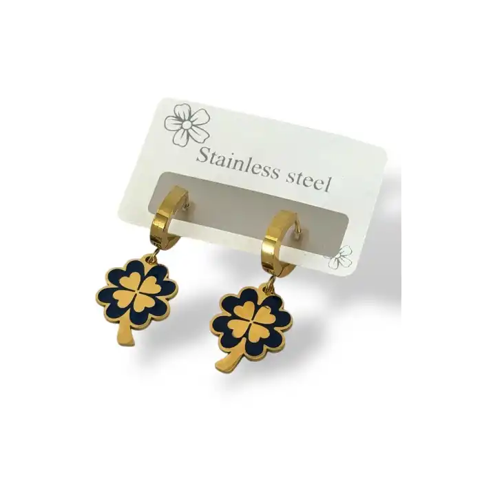 Altın Renk Yonca Figürlü Çelik Küpe (Çift)