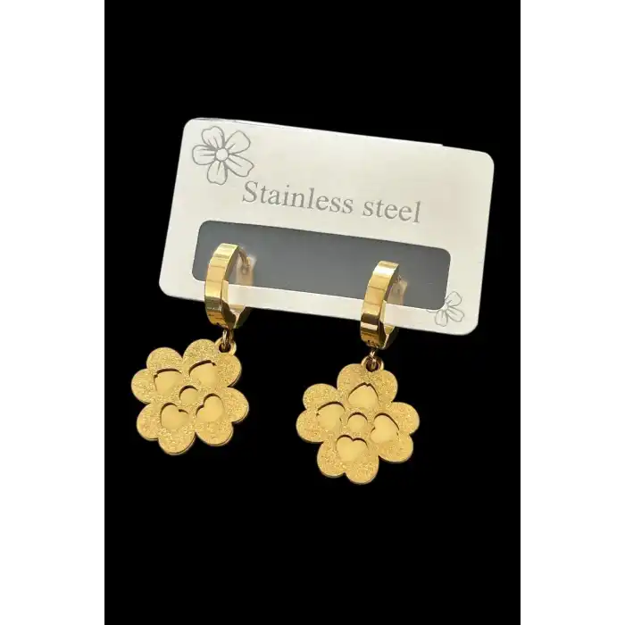 Altın Renk Yonca Figürlü Çelik Küpe (Çift)