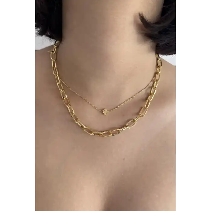 Altın Renk Yonca Figürlü İkili Kolye