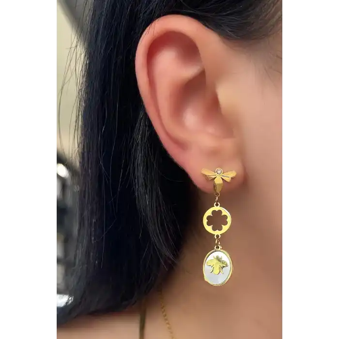 Altın Renk Yusufçuk Figürlü Sallantılı Küpe (Çift)