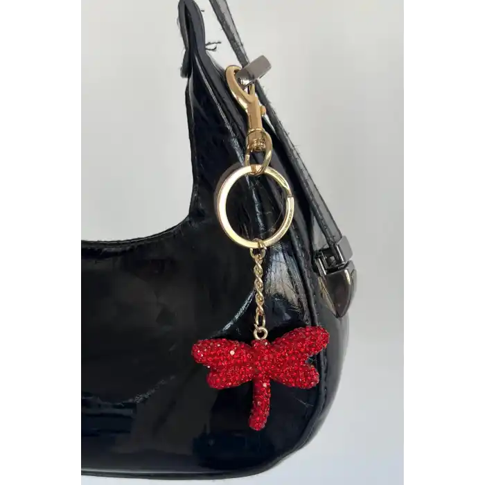 Altın Renk Yusufçuk Figürlü Kırmızı Taş Detaylı Çanta Charm/ Anahtarlık