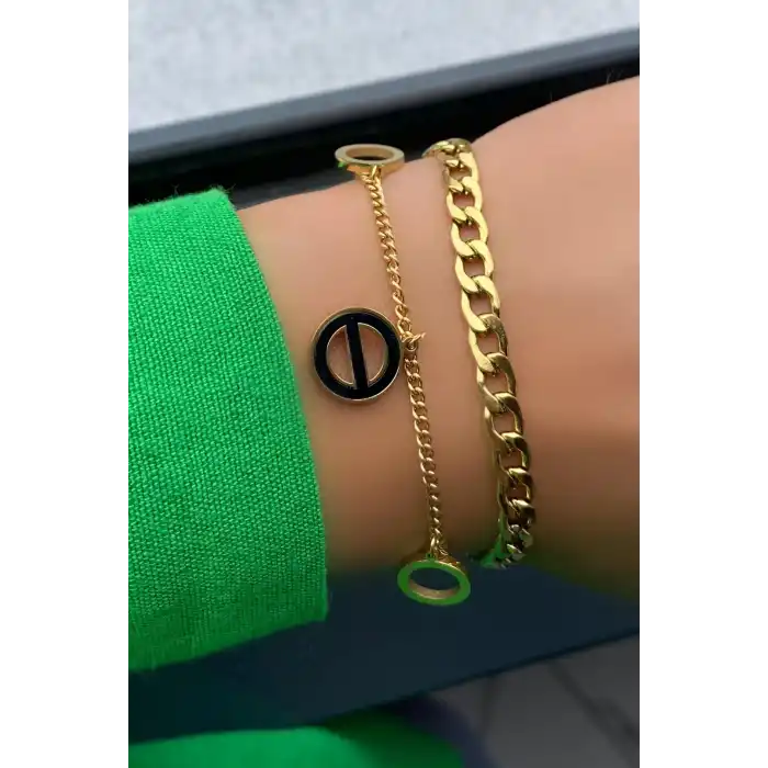 Altın Renk Zincir Detaylı Çelik Bileklik