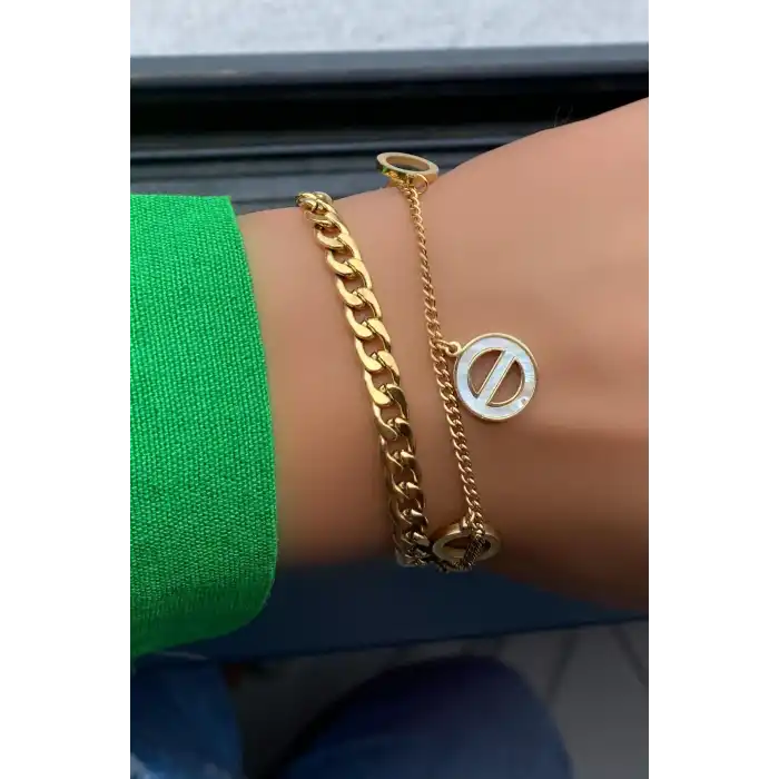 Altın Renk Zincir Detaylı Çelik Bileklik