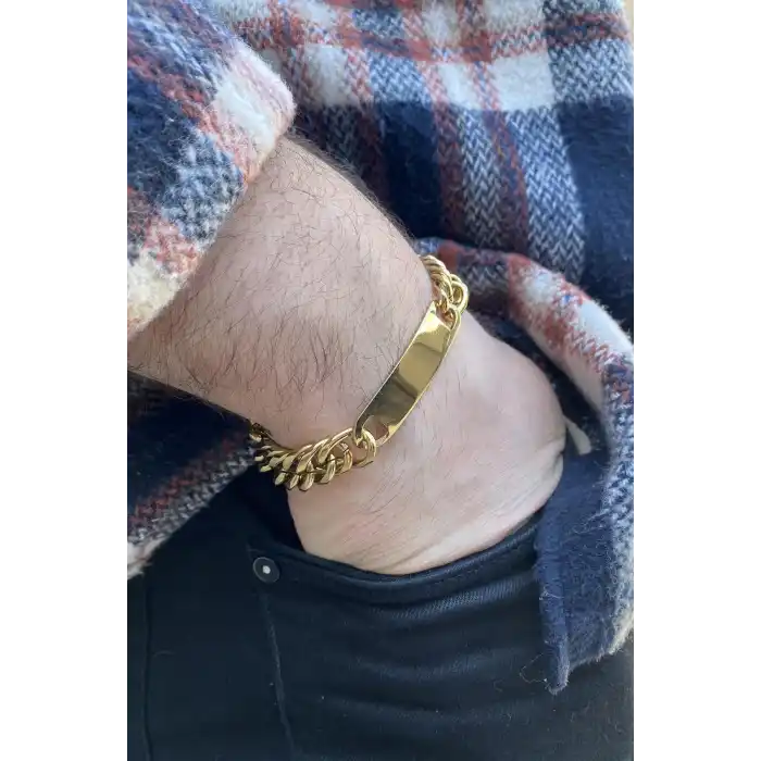 Altın Renk Zincir Detaylı Çelik Bileklik (Unisex)