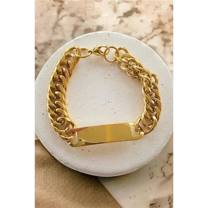 Altın Renk Zincir Detaylı Çelik Bileklik (Unisex)
