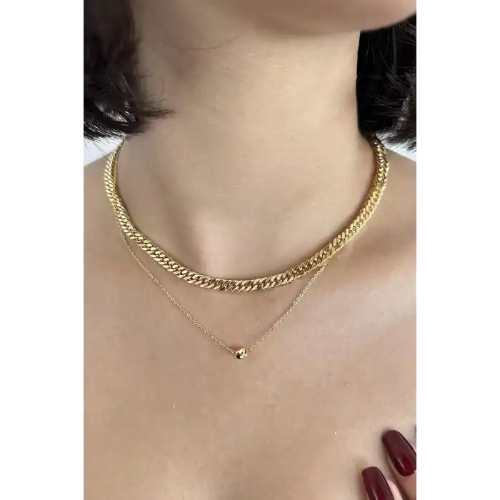 Altın Renk Zincir Detaylı İkili Kolye