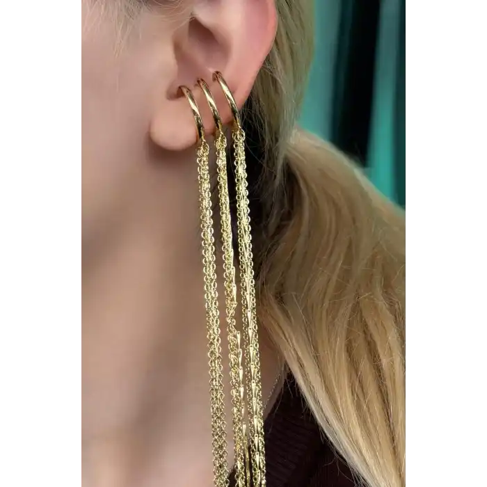 Altın Renk Zincir Detaylı Sallantılı Ear Cuff (Tek)