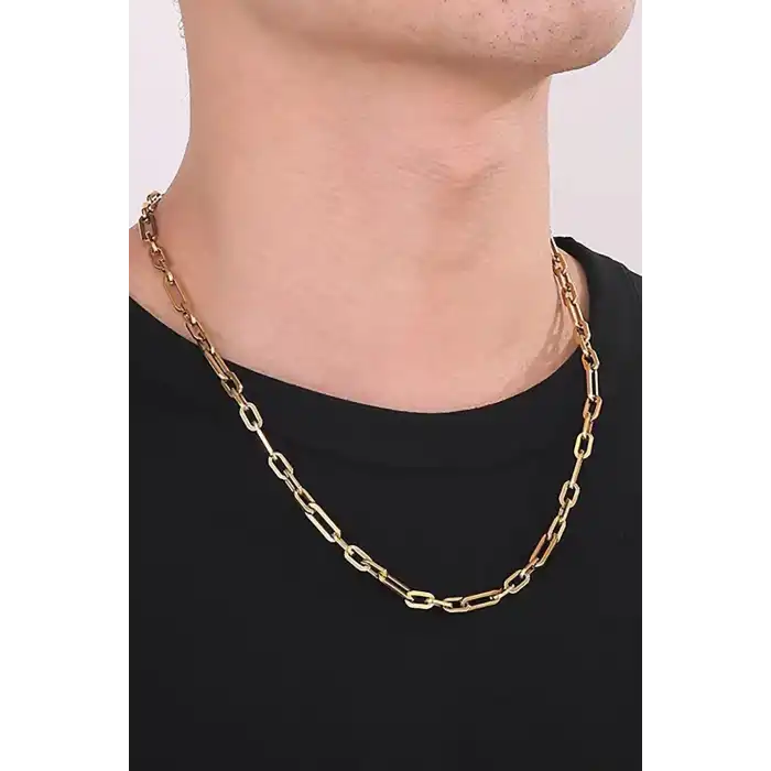 Altın Renk Zincir Detaylı Unisex Çelik Kolye