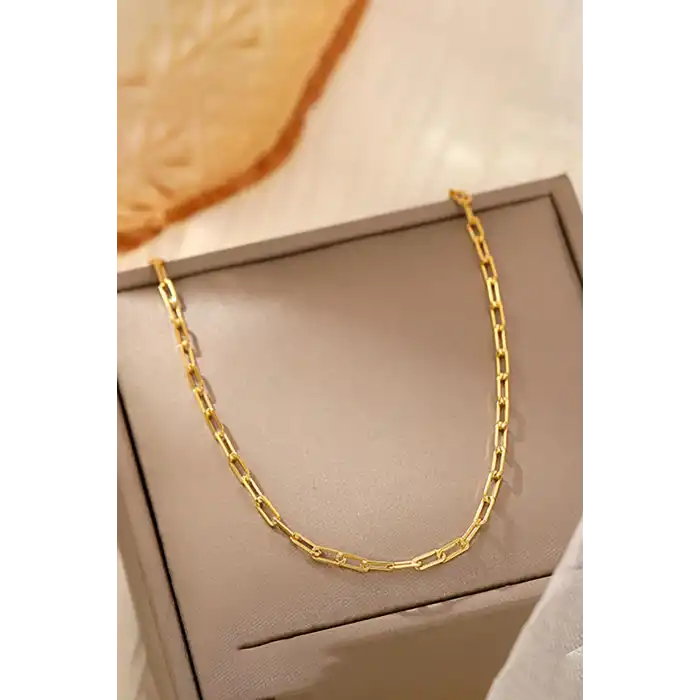 Altın Renk Zincir Detaylı Unisex Çelik Kolye