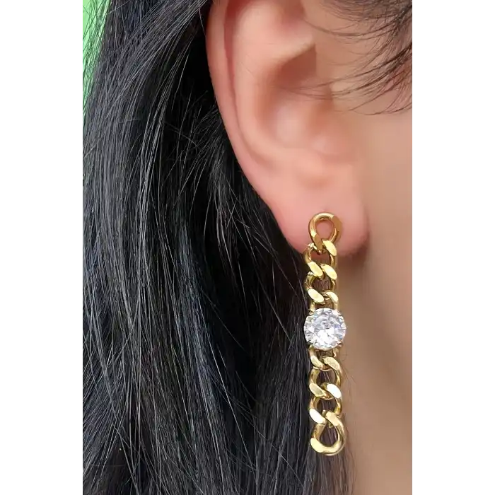 Altın Renk Zincir Figürlü Taş Detaylı Çelik Küpe (Çift)