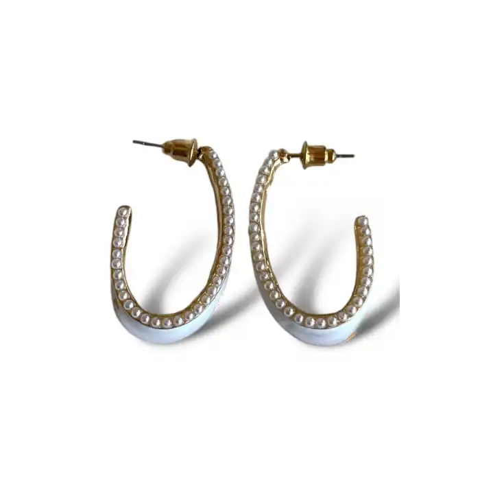 Altın Ve Beyaz Renk İnci Detaylı Küpe (Çift)