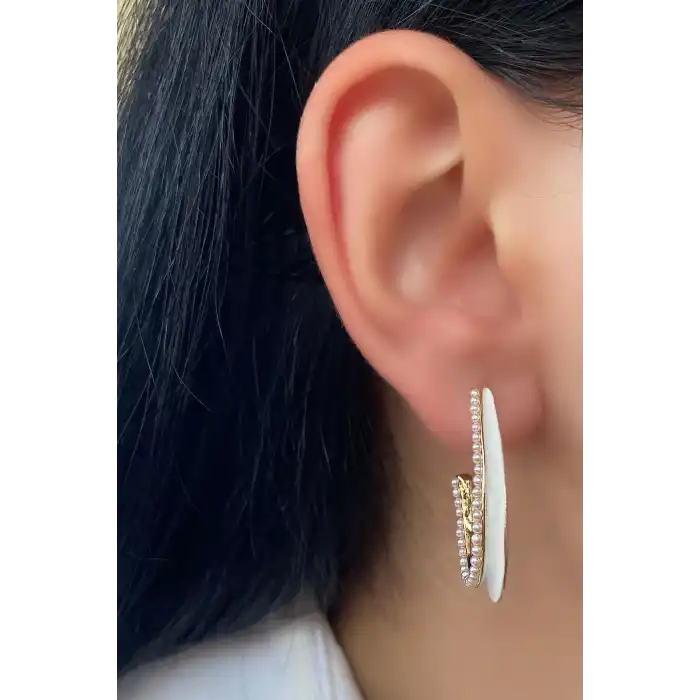 Altın Ve Beyaz Renk İnci Detaylı Küpe (Çift)