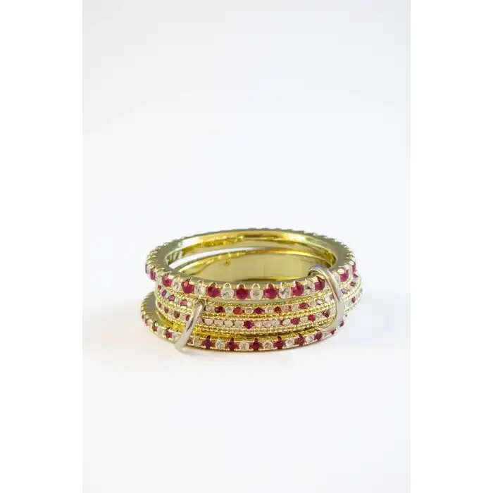 Altın Ve Bordo Renk Çoklu Halka Detaylı Taşlı Yüzük