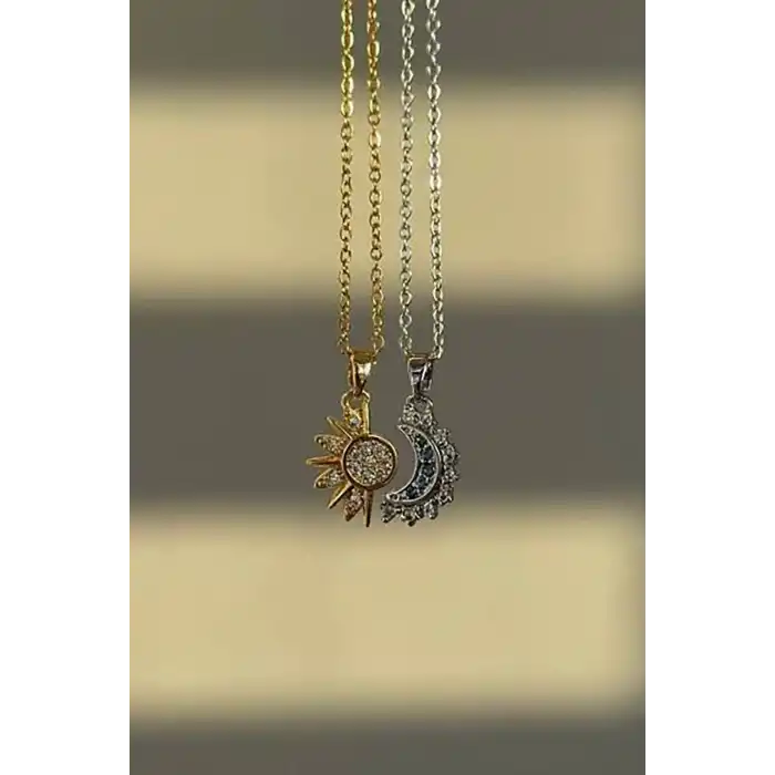 Altın Ve Gümüş Renk Ay Ve Güneş Figürlü İkili Çelik Çift/ Best Friend Kolyesi