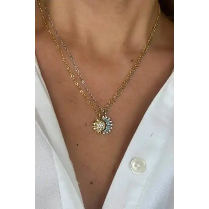 Altın Ve Gümüş Renk Ay Ve Güneş Figürlü İkili Çelik Çift/ Best Friend Kolyesi