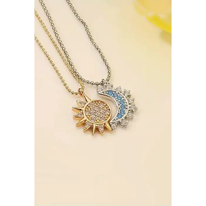 Altın Ve Gümüş Renk Ay Ve Güneş Figürlü İkili Çelik Çift/ Best Friend Kolyesi